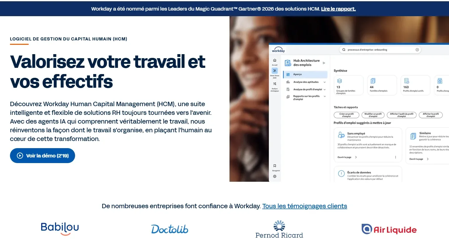 Aperçu de la page Workday Human Capital Management en français, hub Architecture des emplois
