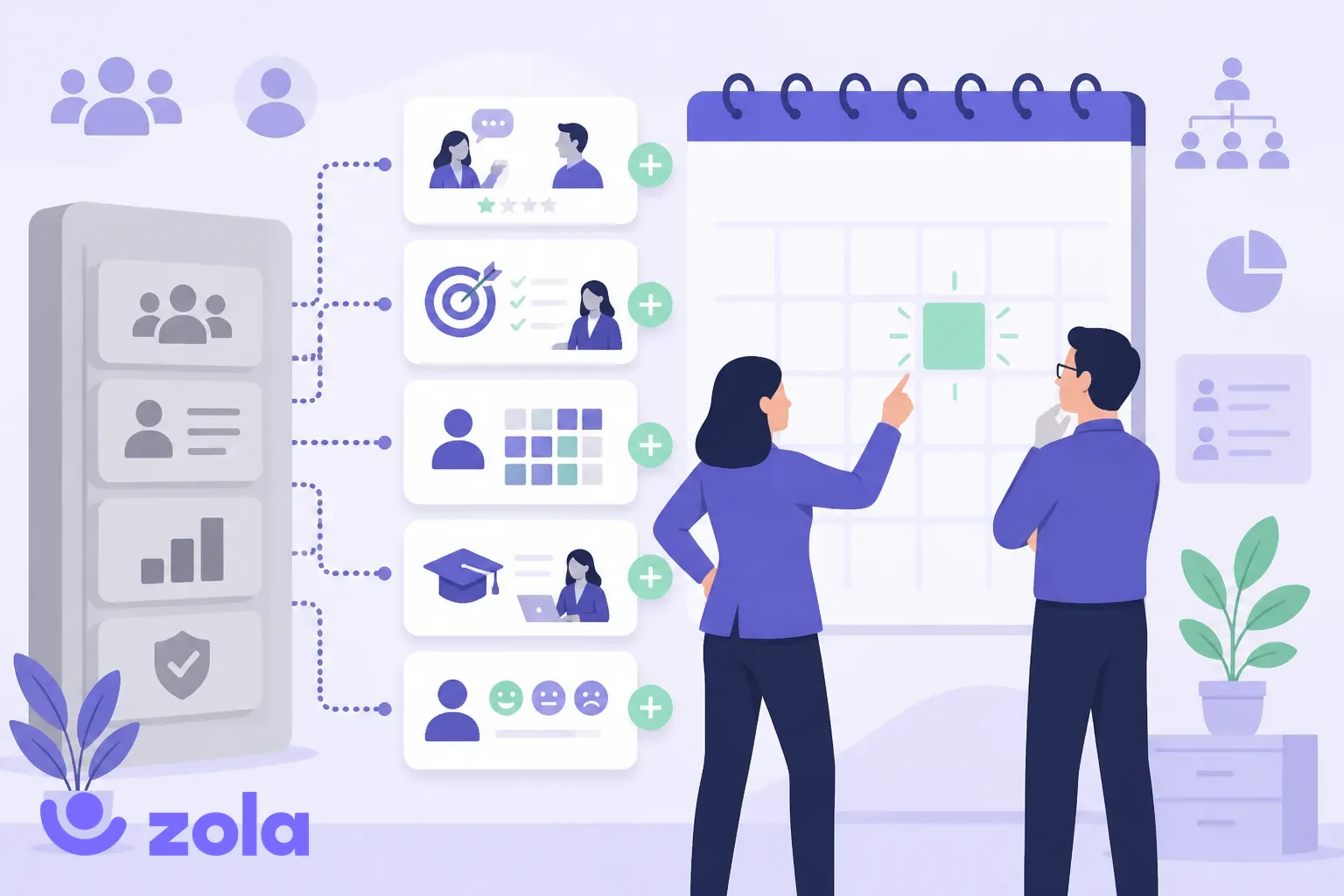 Responsable RH et DSI devant un calendrier d'échéance, choisissant cinq alternatives à SAP SuccessFactors pour les entretiens, les objectifs, les compétences et la formation, branchées sur le socle SAP, illustration violette Zola