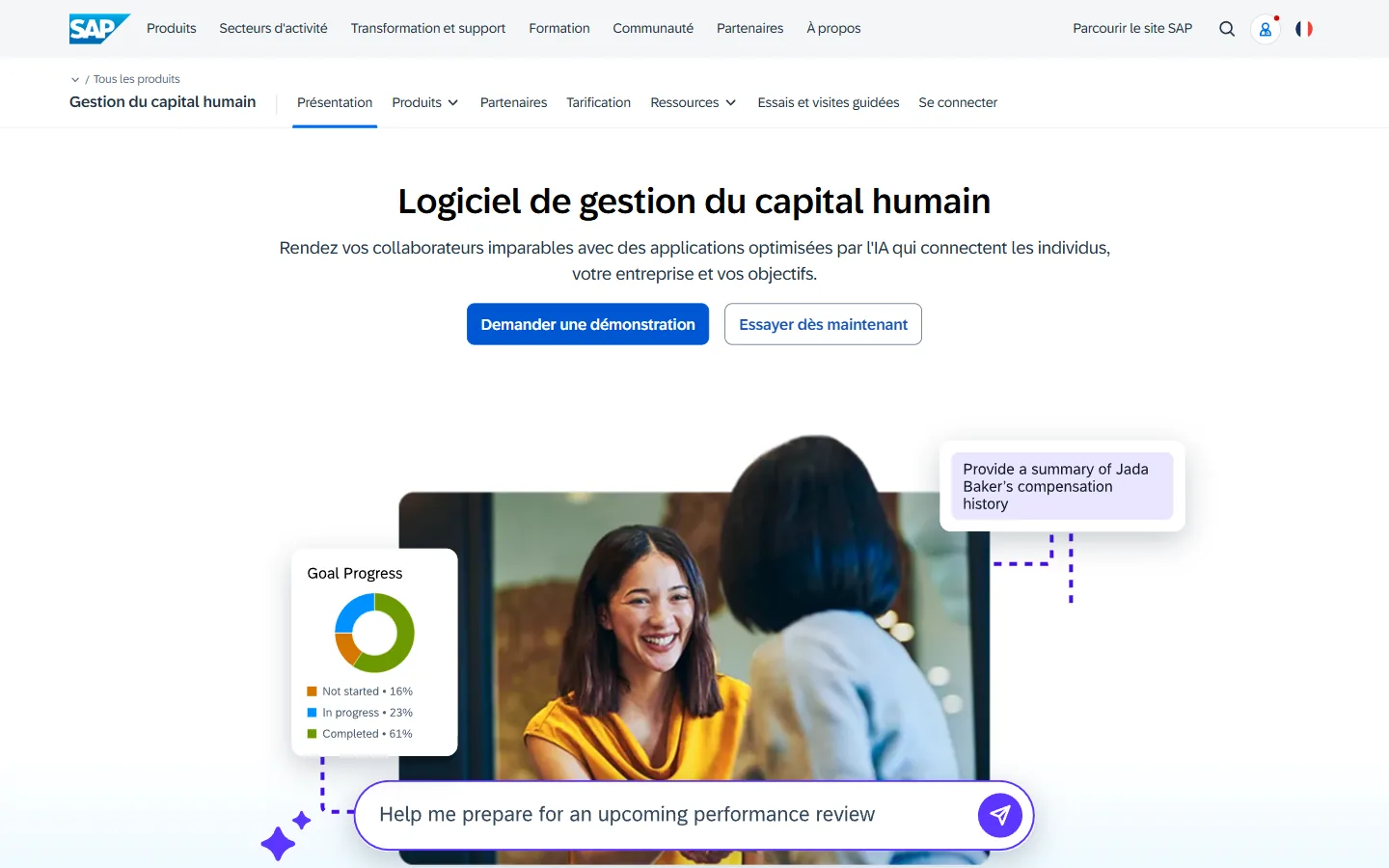 Aperçu de la page SAP SuccessFactors Logiciel de gestion du capital humain en français, avec le suivi des objectifs et l'assistant IA