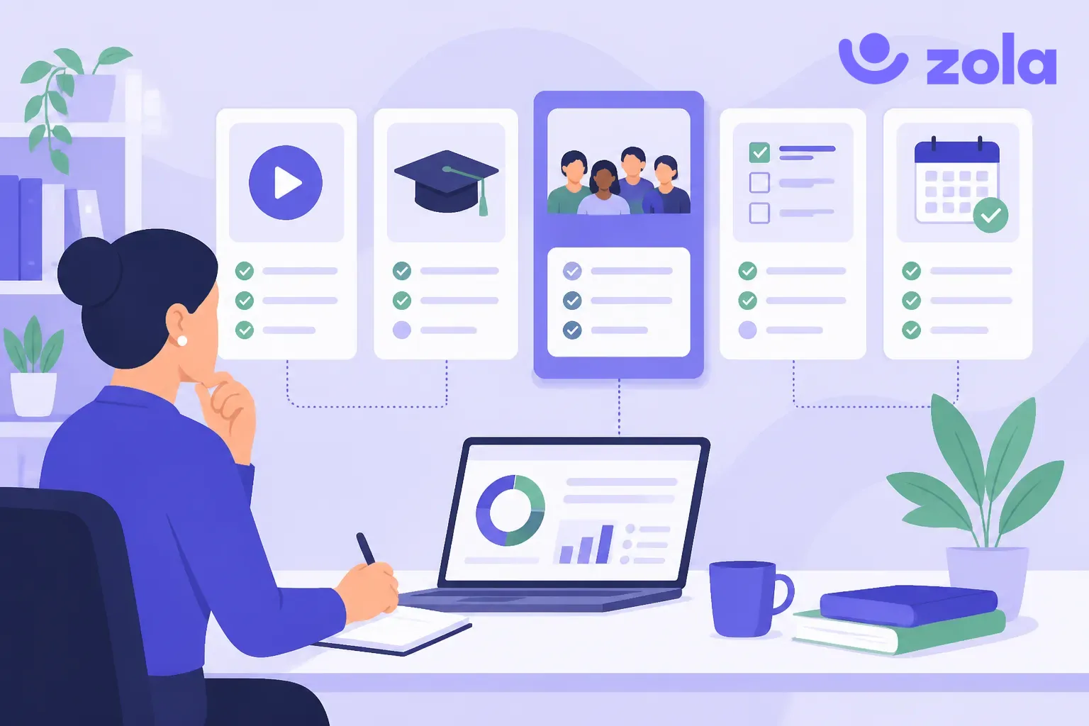 Responsable formation comparant cinq alternatives à 360Learning, cartes de plateformes e-learning au-dessus d'un ordinateur portable avec tableau de bord, illustration violette Zola