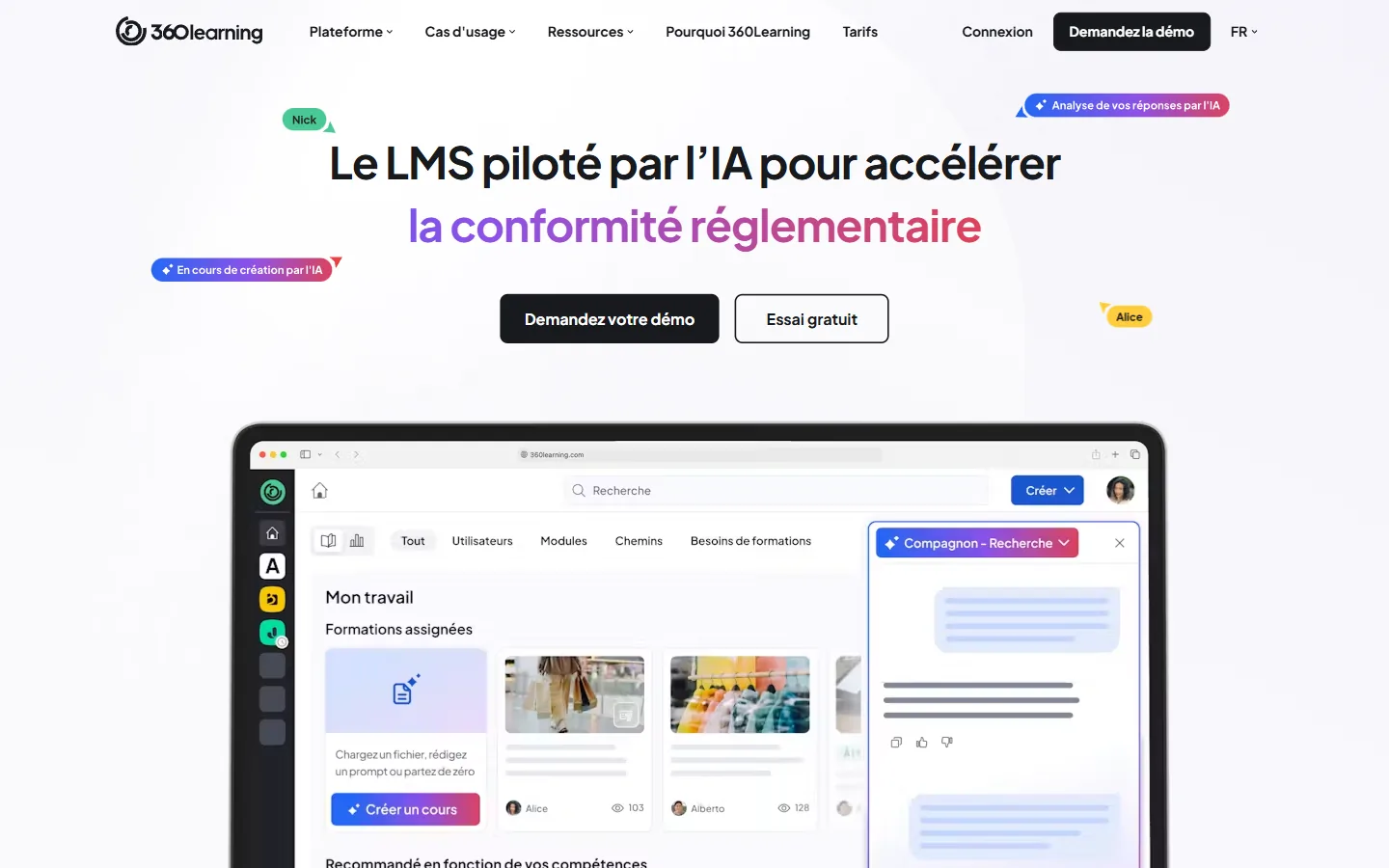 Aperçu de la page d'accueil française de 360Learning, le LMS piloté par l'IA, avec l'interface de création de cours et le compagnon de recherche