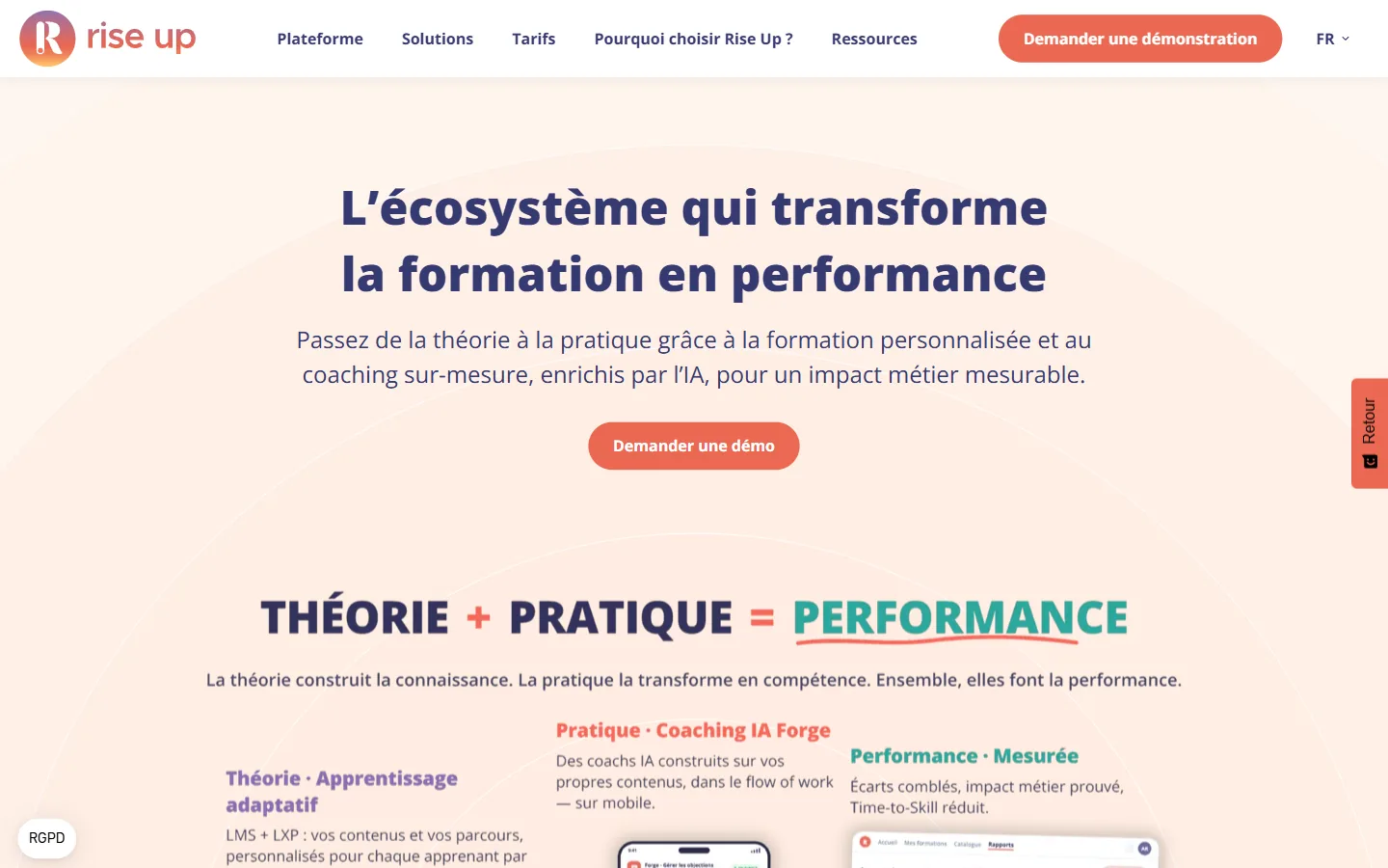 Aperçu de la page d'accueil de Rise Up, LMS et LXP français, théorie plus pratique égale performance