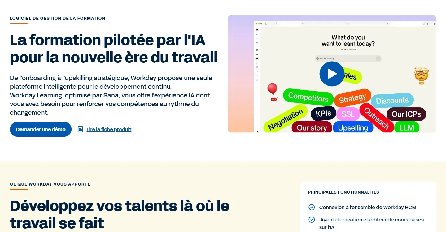 Aperçu de la page Workday Learning en français, la formation pilotée par l'IA, optimisée par Sana