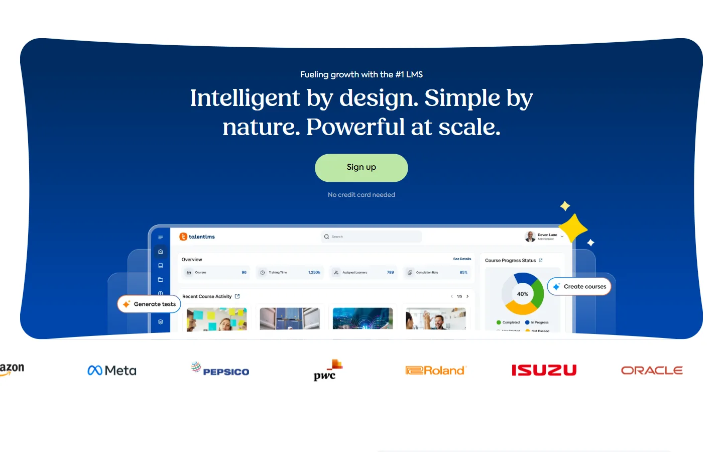 Aperçu de la page d'accueil de TalentLMS, LMS en libre-service avec tableau de bord de cours et références clients