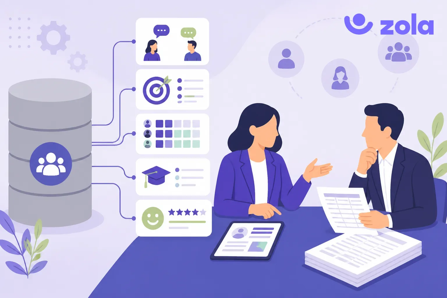 Responsable RH et directeur financier comparant une grille tarifaire et cinq alternatives à Oracle HCM pour les entretiens, les objectifs, les compétences, la formation et les sondages, branchées sur le socle, illustration violette Zola