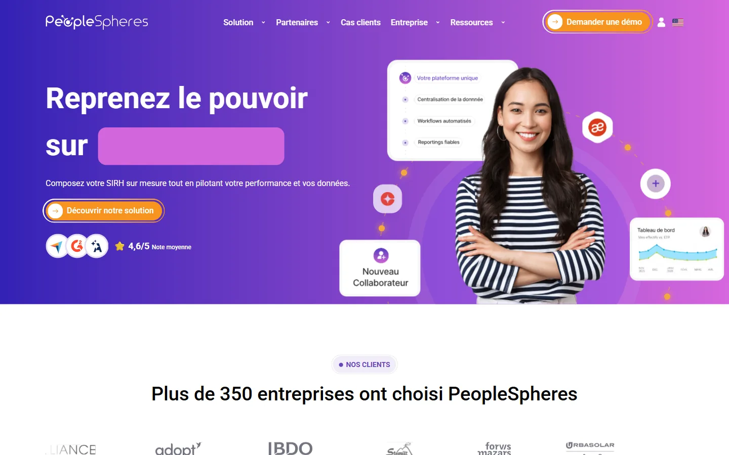Aperçu de la page d'accueil de PeopleSpheres, cœur RH composable pour les ETI et grands groupes
