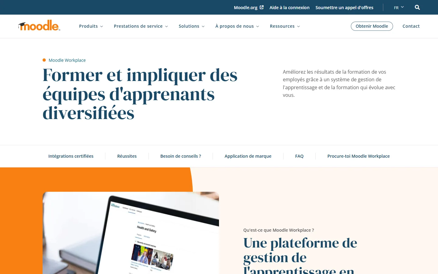 Aperçu de la page Moodle Workplace en français, plateforme de gestion de l'apprentissage en entreprise distribuée par des partenaires certifiés