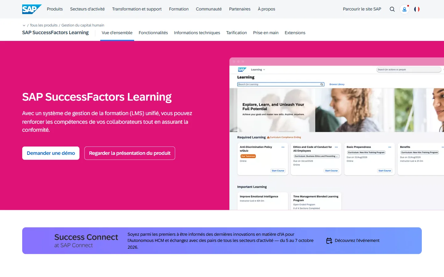 Aperçu de la page SAP SuccessFactors Learning en français, système de gestion de la formation unifié