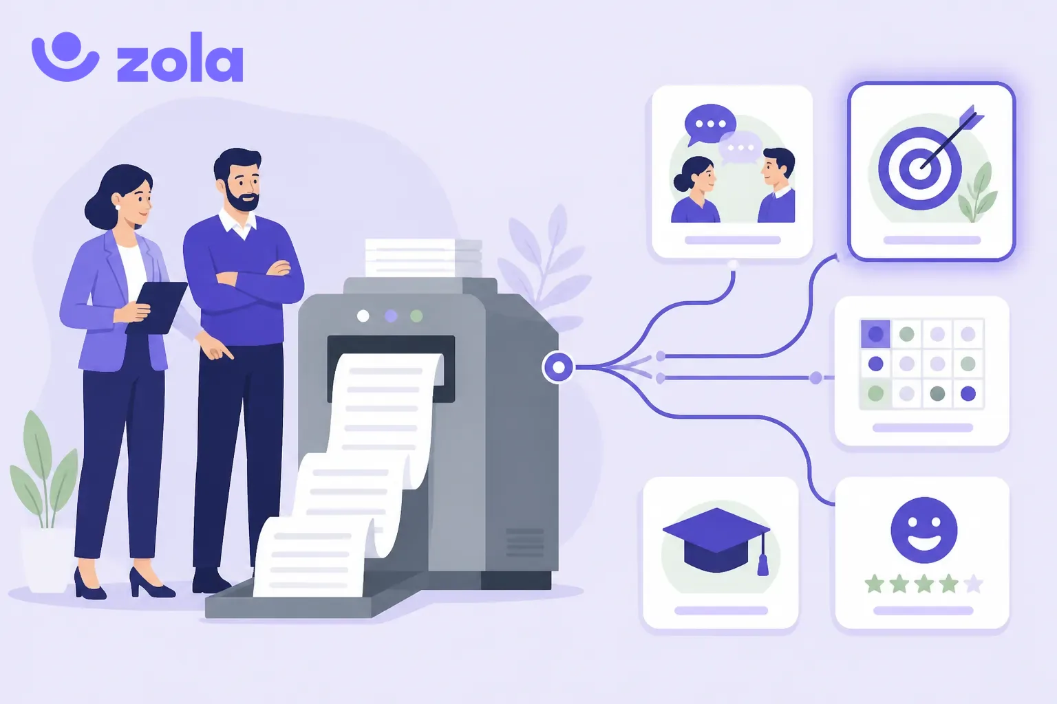 Responsable RH et gestionnaire de paie devant un système de paie qui édite des bulletins, relié à cinq alternatives à ADP pour les entretiens, les objectifs, les compétences, la formation et les sondages, illustration violette Zola