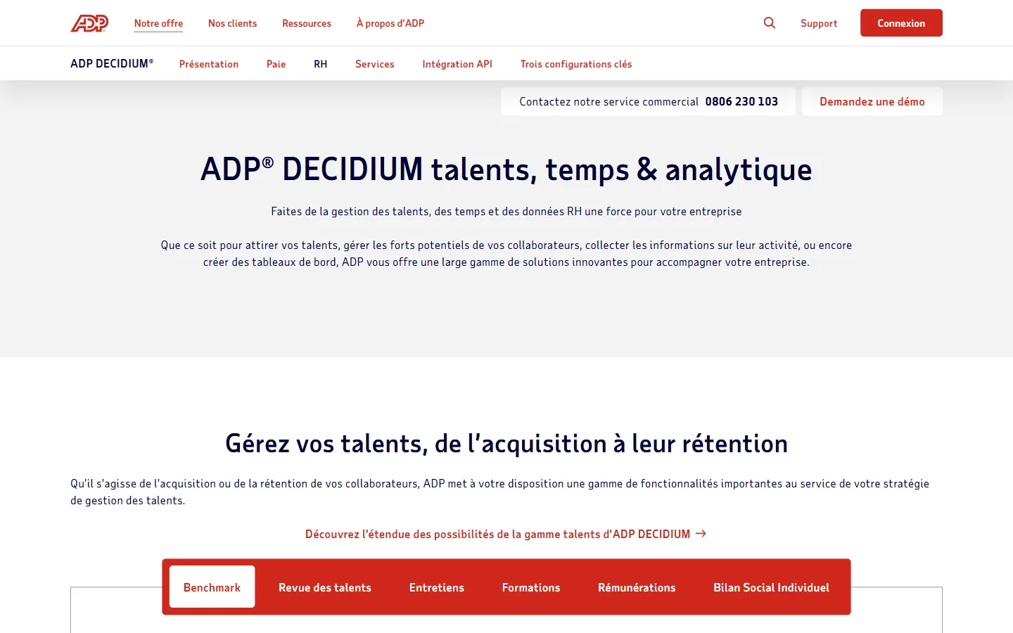 Aperçu de la page ADP Decidium RH en français, modules talents proposés en complément de la paie externalisée