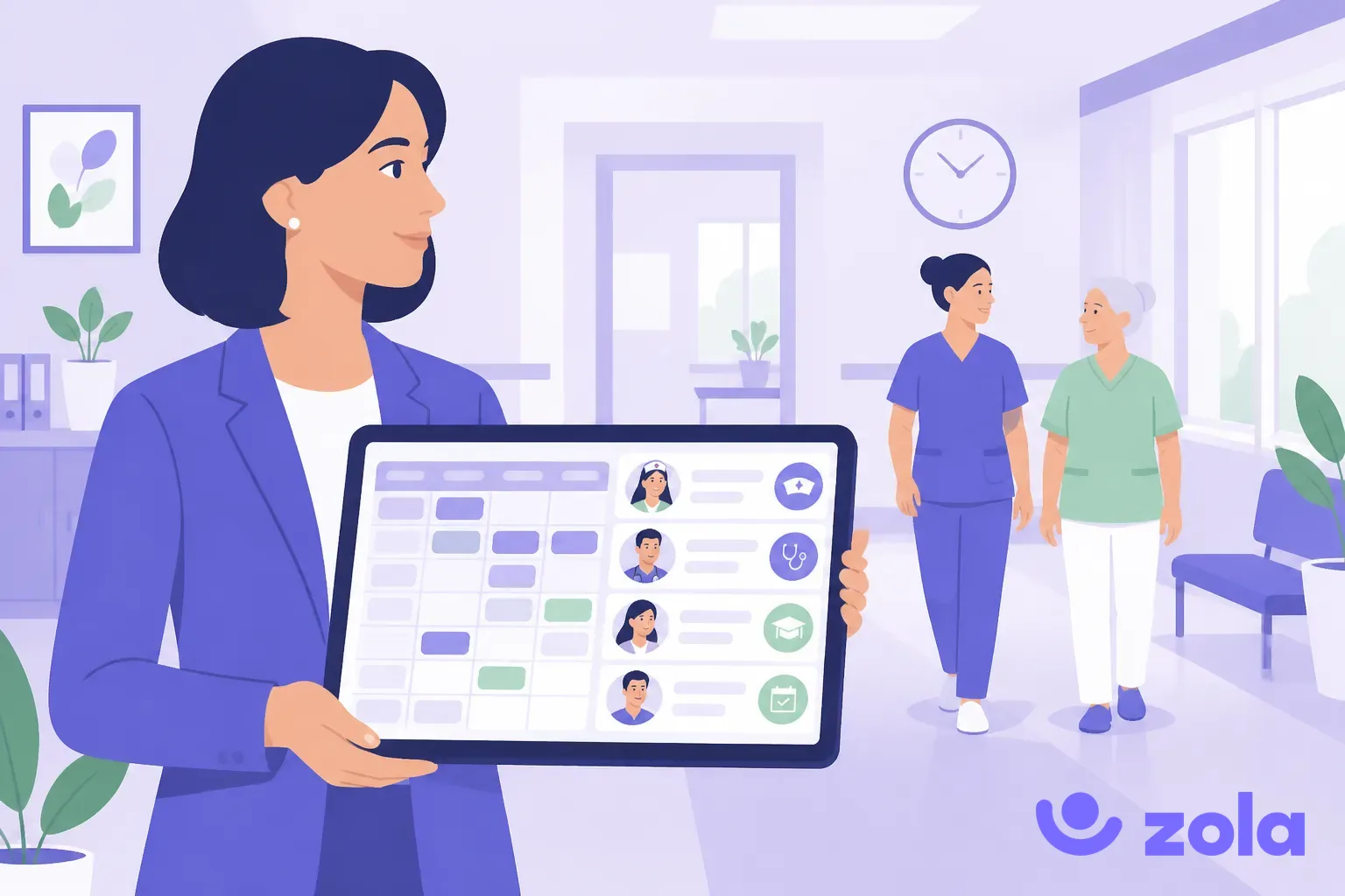 Logiciel RH santé et médico-social : directrice des ressources humaines d'un établissement consultant le planning et les habilitations de ses équipes soignantes sur tablette, illustration violette Zola