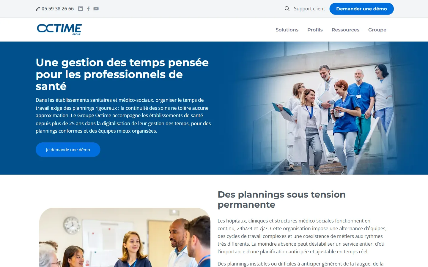 Aperçu de la page santé d'Octime, gestion des temps et des plannings pensée pour les professionnels de santé