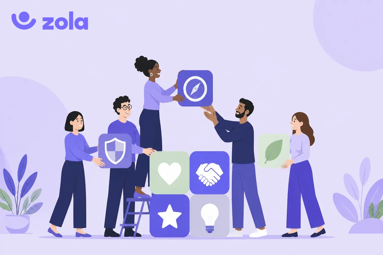 Équipe qui assemble les valeurs de son entreprise : confiance, respect, innovation, engagement