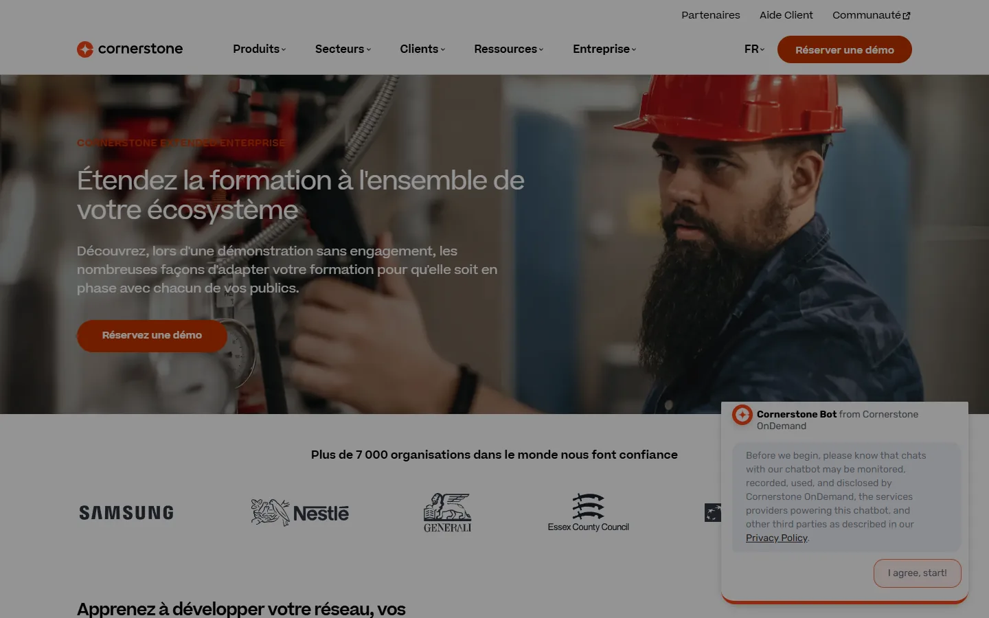 Aperçu de la page Cornerstone en français sur la formation étendue aux clients et partenaires