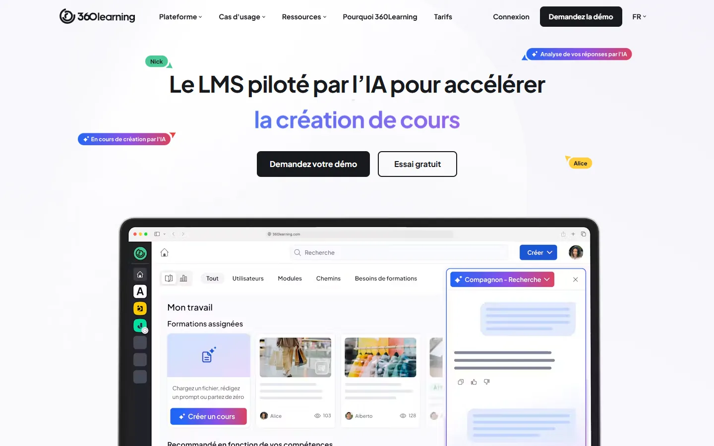 Aperçu de la page d'accueil française de 360Learning, LMS collaboratif