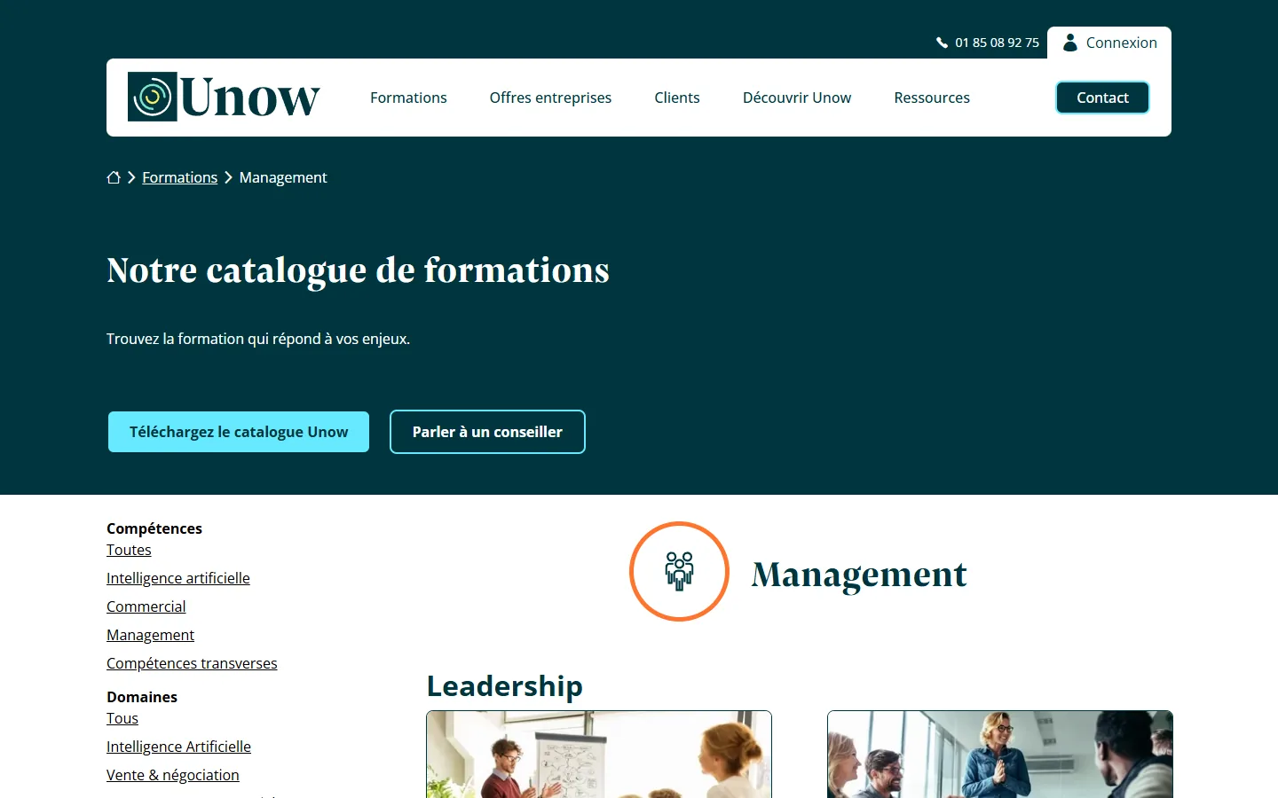 Aperçu de la page formation management de Unow