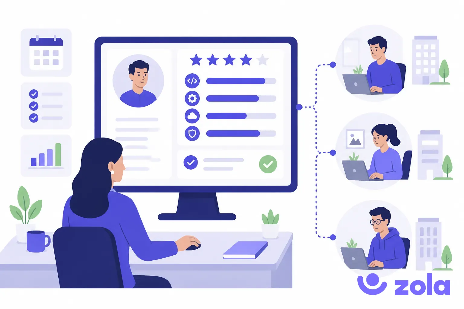 Logiciel pour ESN : responsable RH consultant l'évaluation de fin de mission d'un consultant placé chez un client, illustration violette Zola