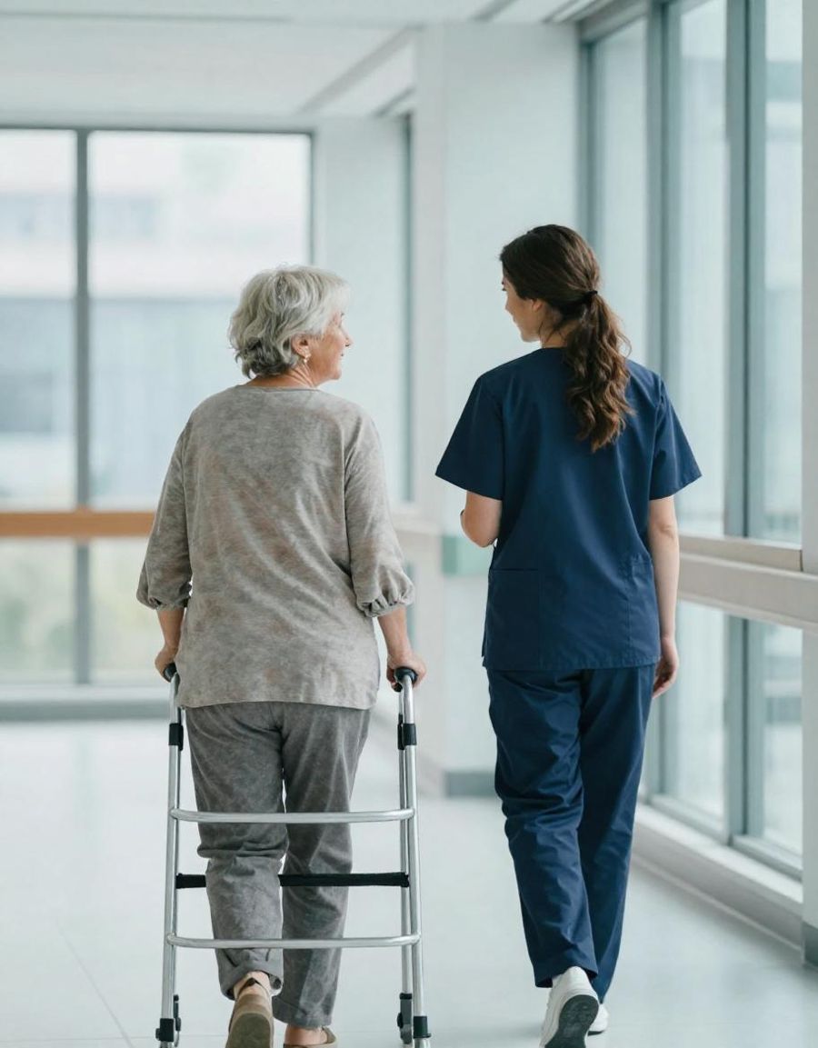 A nurse walking alongside an older patient in a hospital corridor