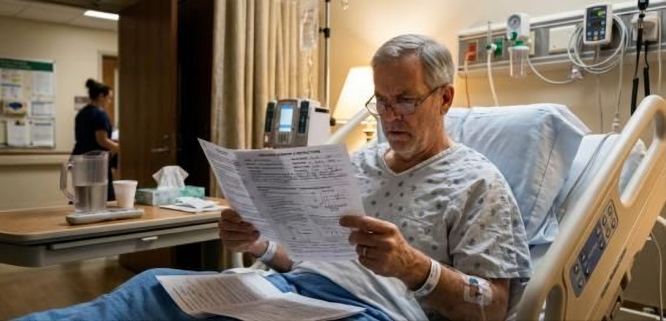 An older patient in a hospital bed reading his discharge papers