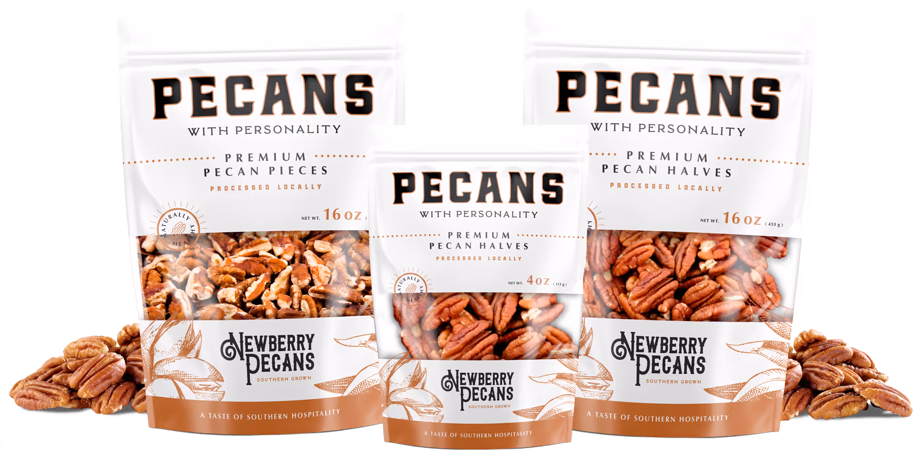 There bags of Newberry Pecans