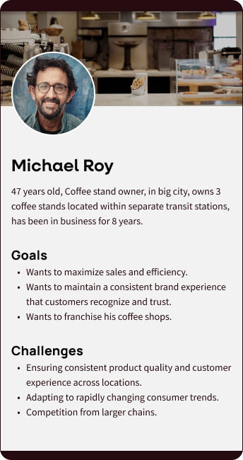 Persona profile for Michael Roy, a 47-year-old owner of three coffee stands in city transit stations. The profile includes a picture of Michael, a man with curly hair and glasses, and a coffee stand background. It details his goals to maximize sales and franchise his business, and challenges such as maintaining quality and competing with larger chains.