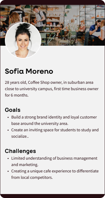 Persona profile for Sofia Moreno, a 28-year-old suburban coffee shop owner near a university campus. The profile shows Sofia, a woman with dark hair in a bun, smiling, with a bustling coffee shop background. It lists her goals of building a strong brand identity and creating a student-friendly space, and challenges like limited business management knowledge and local competition.