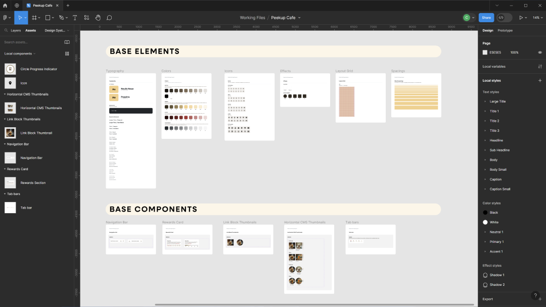 A screenshot of a user interface design workspace in a design software (figma). The image showcases 'Base Elements' including typography samples with fonts like Helvetica Neue and Poppins, a color palette with a variety of shades, a library of icons, drop shadows for effects, and a layout grid. Below, 'Base Components' are displayed, featuring design elements like navigation bars, rewards card interface, link block thumbnails, horizontal CMS thumbnails, and tab bars. The workspace is organized and utilizes a dark mode theme, with elements arranged for easy access and editing.