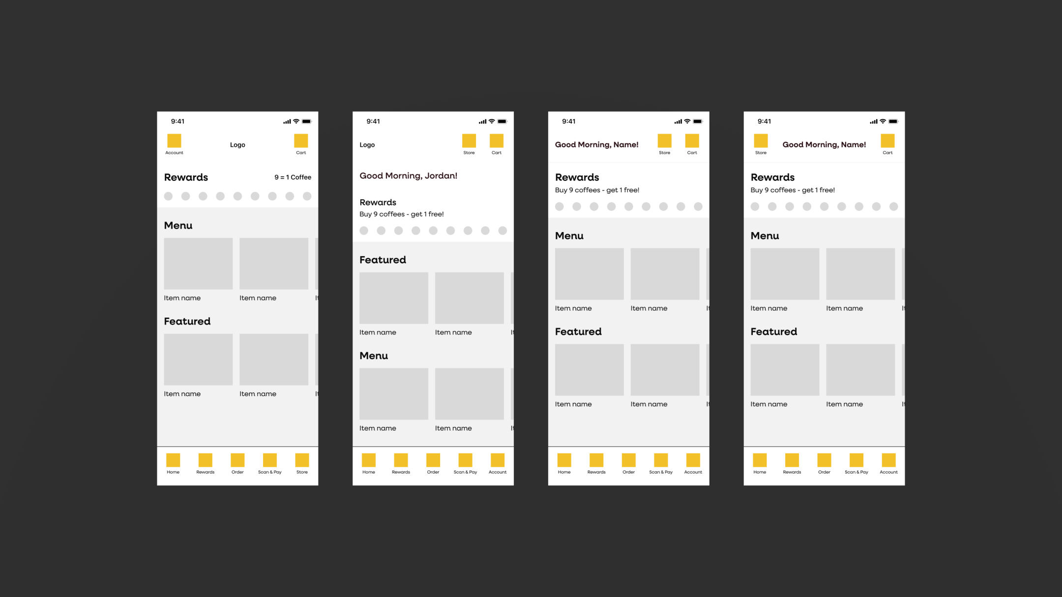 Wireframe mockups of a coffee shop mobile app across four screens, showcasing the user interface design. The first screen displays a rewards section, a menu, and a featured items area with placeholders for item names. The second screen greets the user 'Good Morning, Jordan!' and highlights a 'Buy 9 coffees - get 1 free!' reward offer. The third and fourth screens are variations of the second, with 'Good Morning, Name!' as a personalized greeting placeholder. Each screen includes a bottom navigation bar with icons for home, rewards, order, scan & pay, and account, aimed at user convenience and engagement within the app.