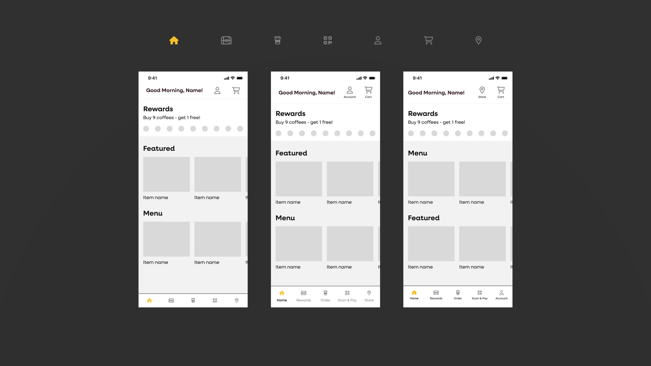 Three mobile app interface wireframes displayed on a smartphone layout. Each screen starts with a 'Good Morning, Name!' greeting at the top, followed by a 'Rewards' section stating 'Buy 9 coffees - get 1 free!' with a progress indicator. Below this, the 'Featured' section has placeholders for item images and names. At the bottom is the 'Menu' with more placeholders for item names. A navigation bar at the bottom includes icons for home, rewards, order, scan & pay, and account. The background of the wireframes is light with dark text, and the design elements are outlined in grey, suggesting a clean and minimalistic user interface design.