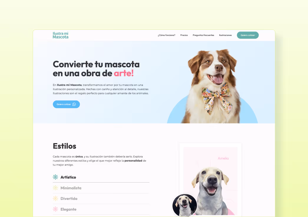 Website homepage showing a happy dog wearing a floral bow tie, advertising personalized pet illustration services in Spanish.
