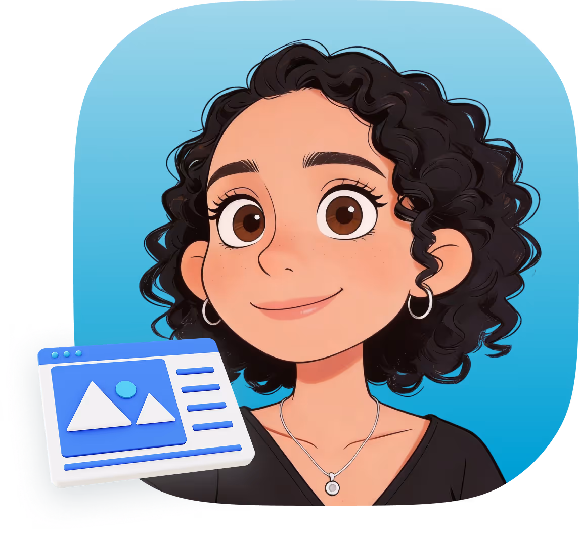 Illustration of a smiling woman with curly black hair, wearing hoop earrings and a pendant necklace, with a blue multimedia interface icon beside her.
