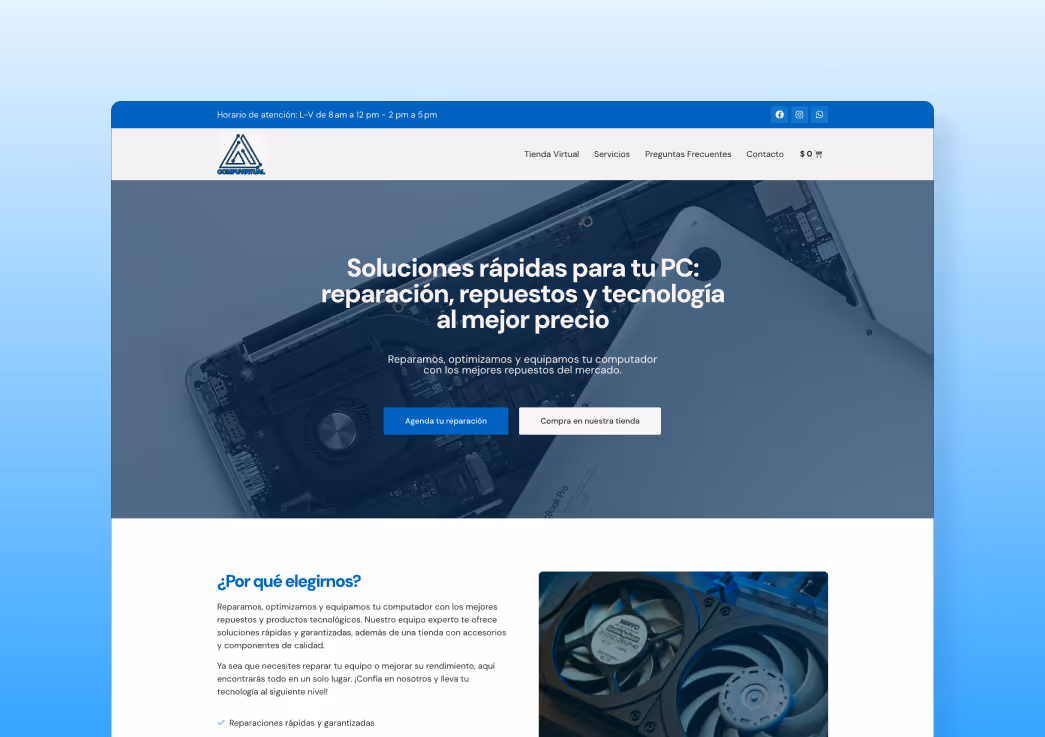 Website homepage for computer repair with a background image of an open laptop showing internal components and text offering quick PC repair, spare parts, and technology at the best price.