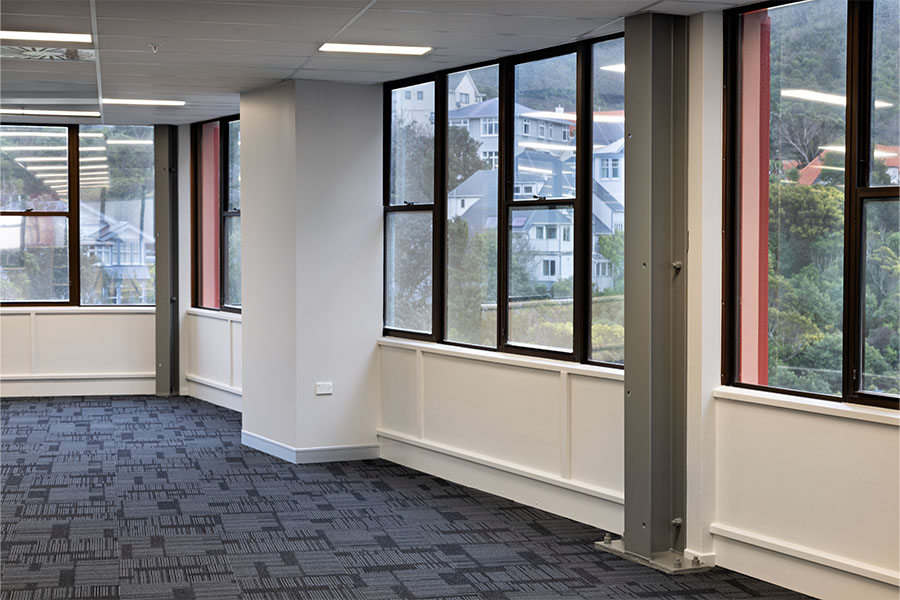 Bright office space with large windows 