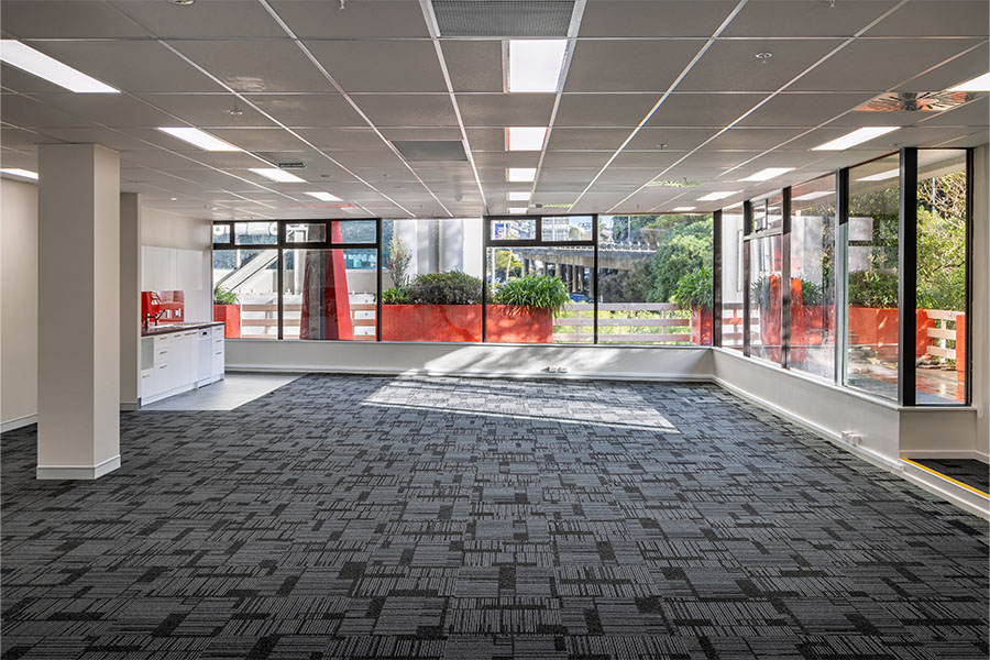 Open-plan office interior with carpet flooring and large windows