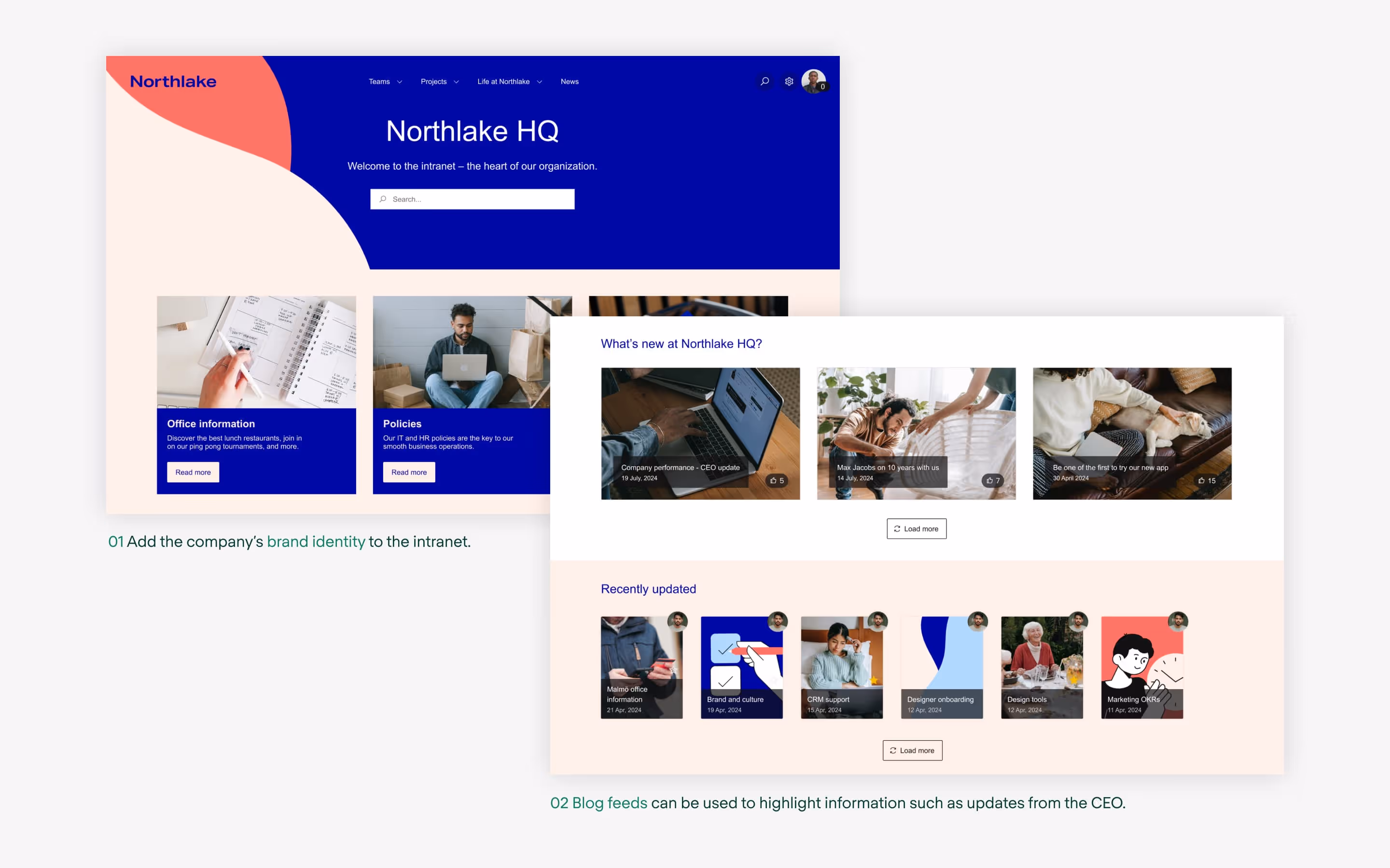 Two screens showing the home page of a personalized Confluence intranet.