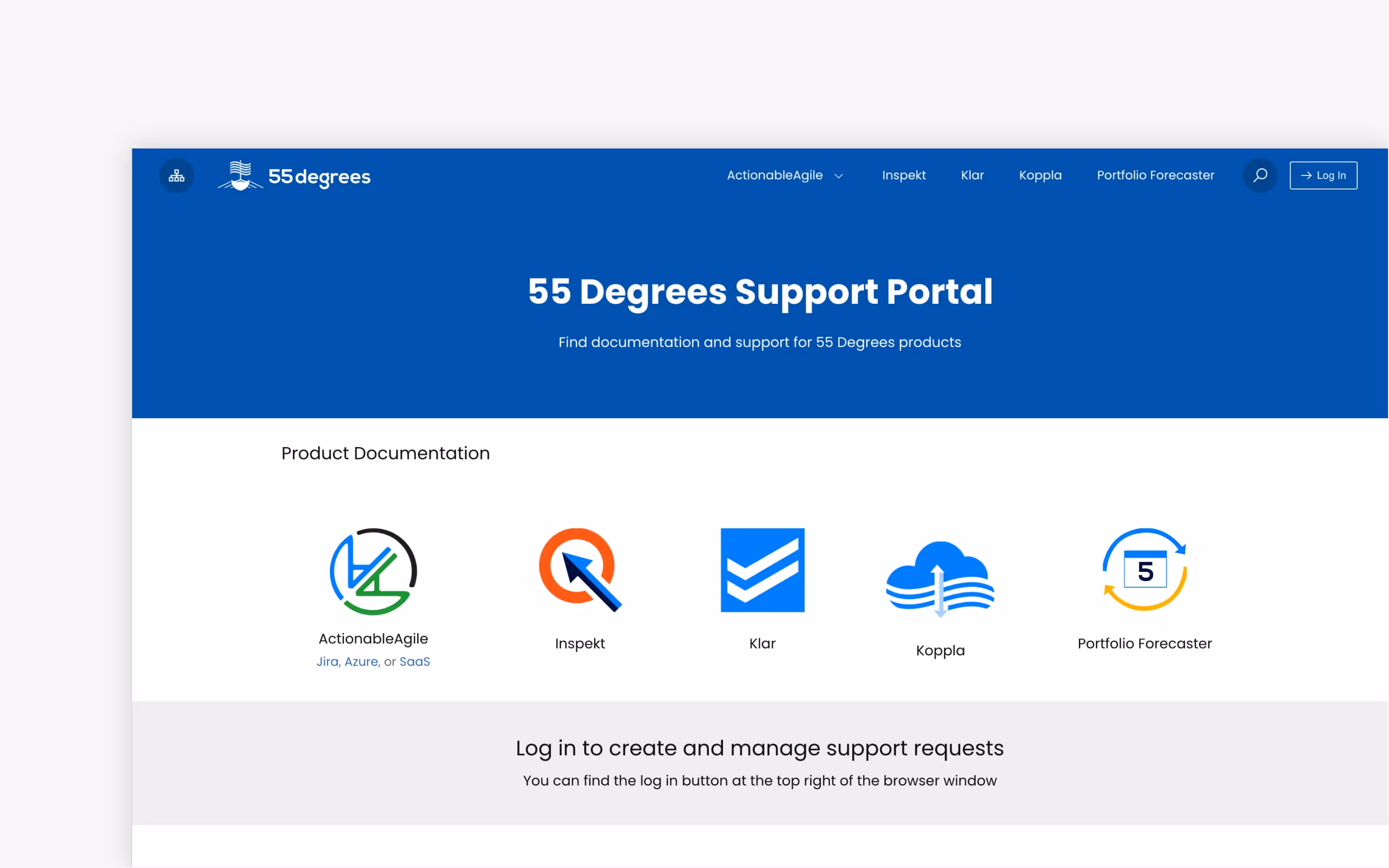 The navigation at the 55 Degrees support portal.