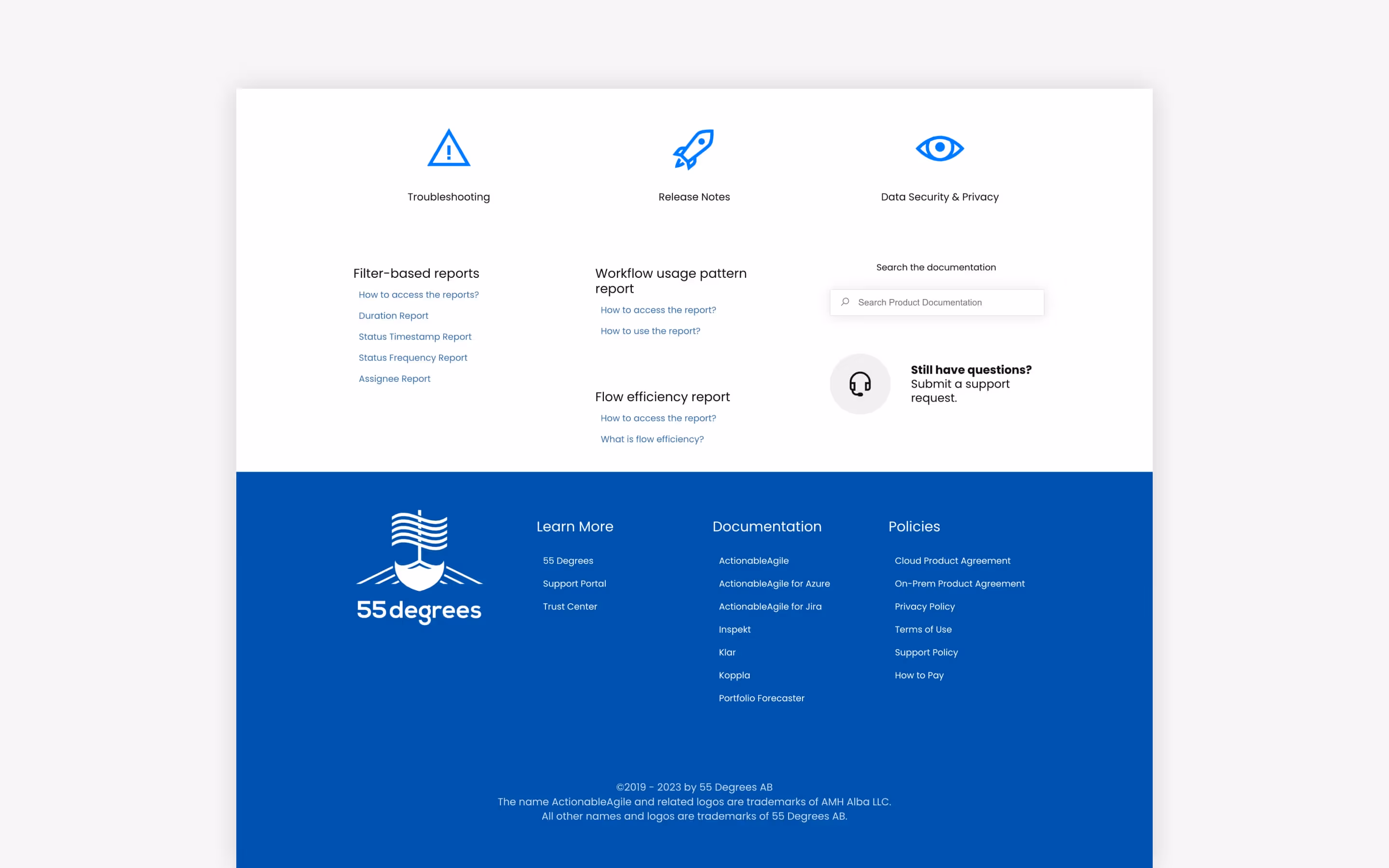 The footer at the 55 Degrees support portal.