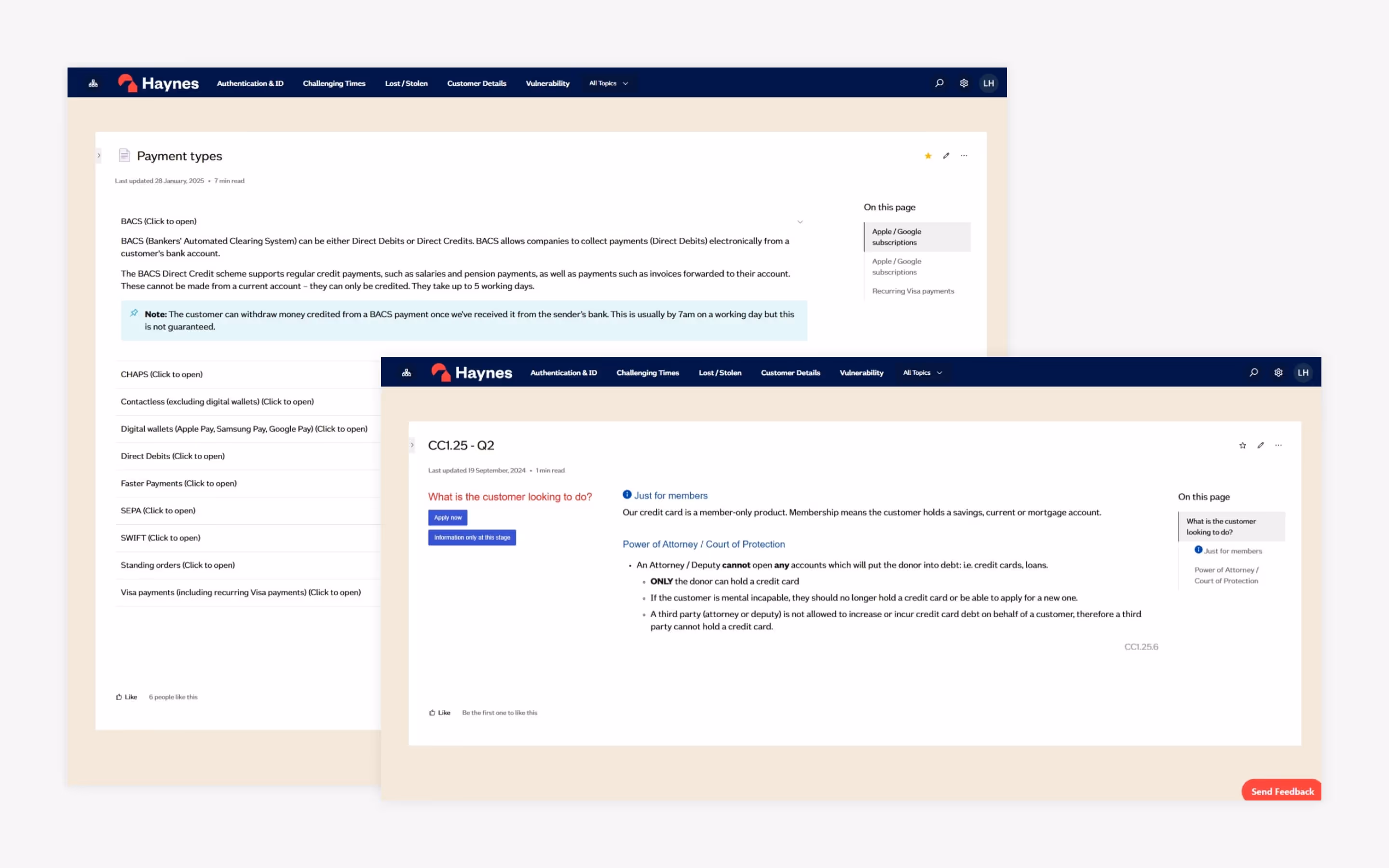 A pair of Nationwide knowledge base Confluence pages.