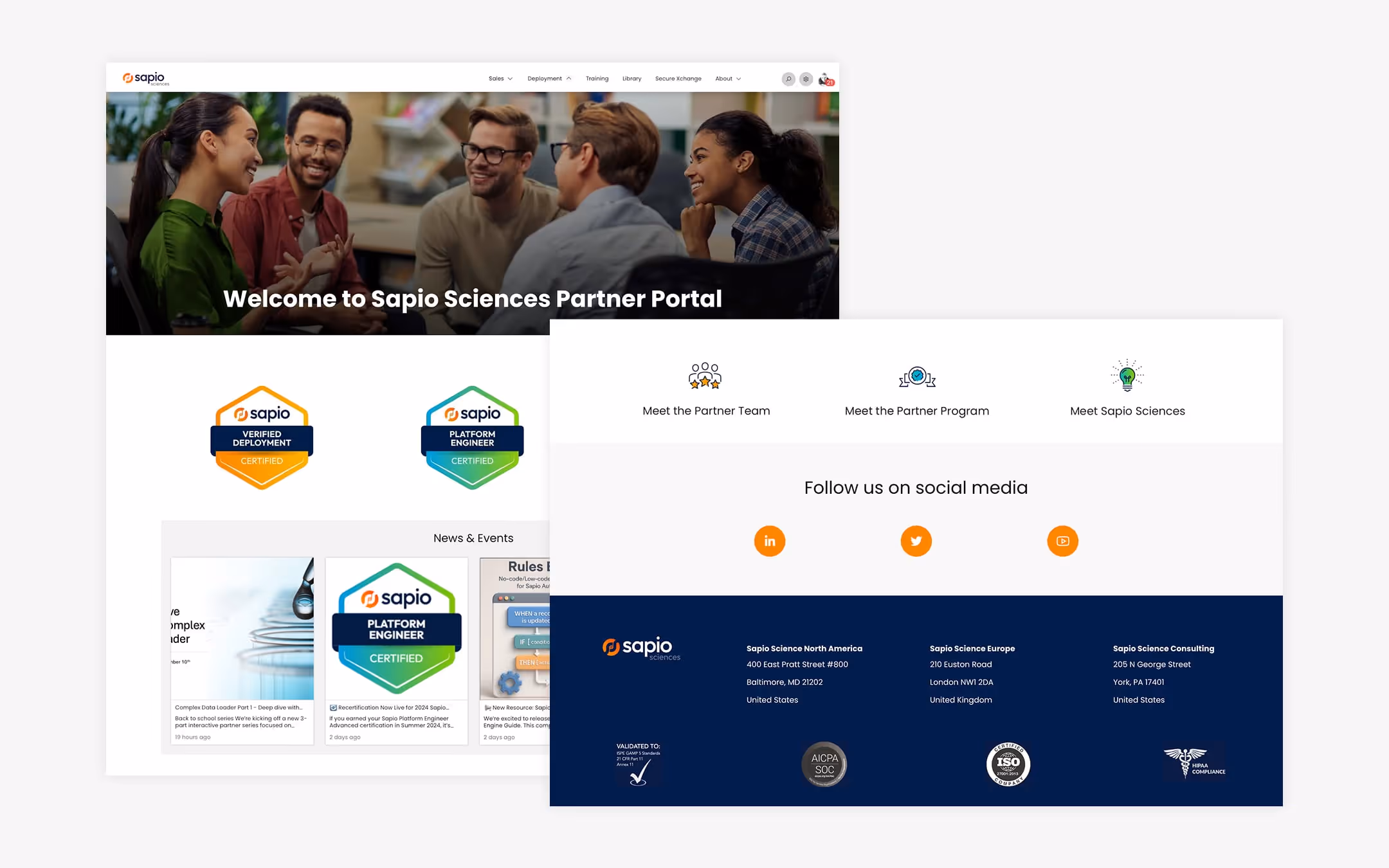 The Sapio Sciences partner portal home together with another landing page.