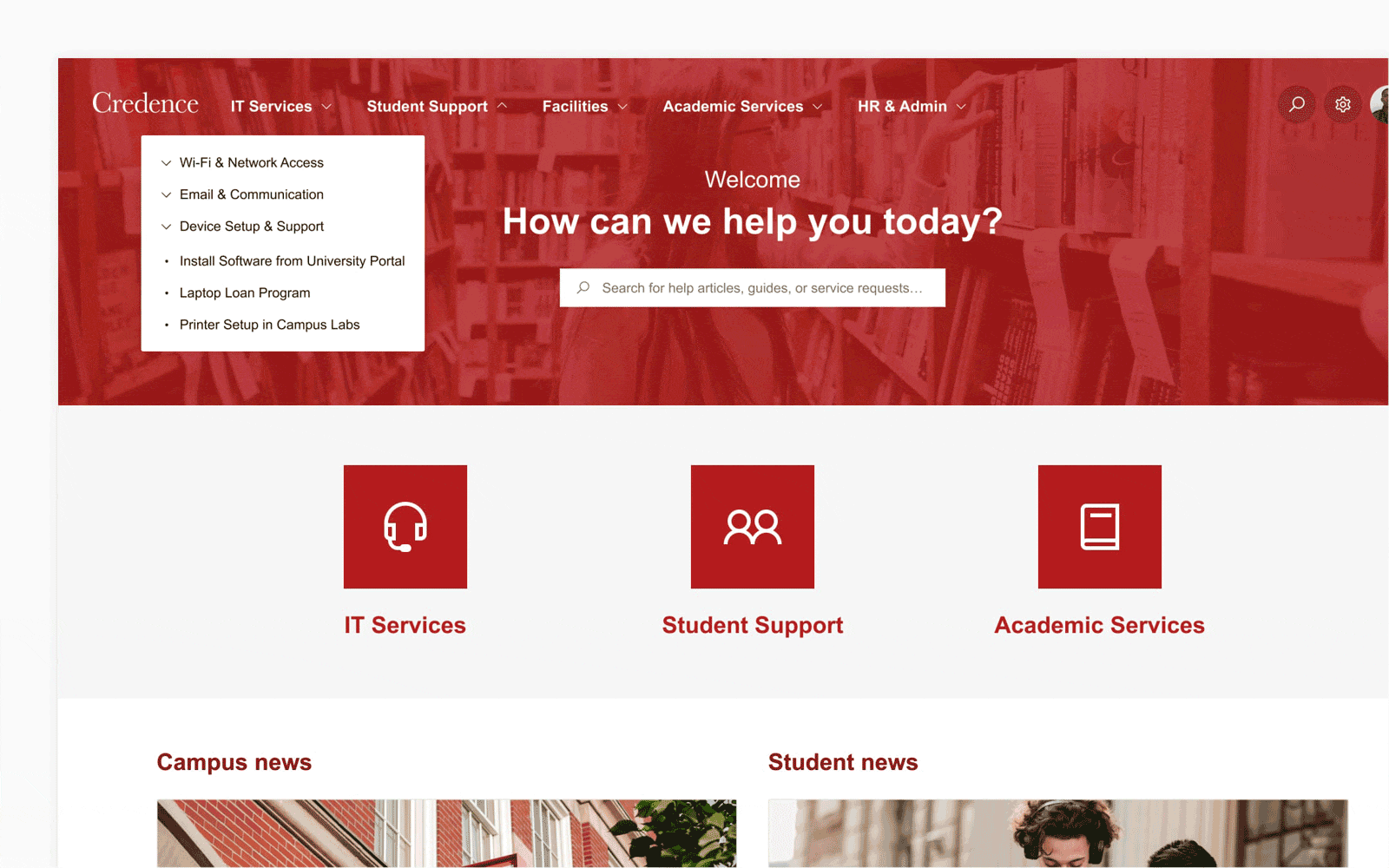 A visual showing the navigation on a university help center built with Refined Sites.