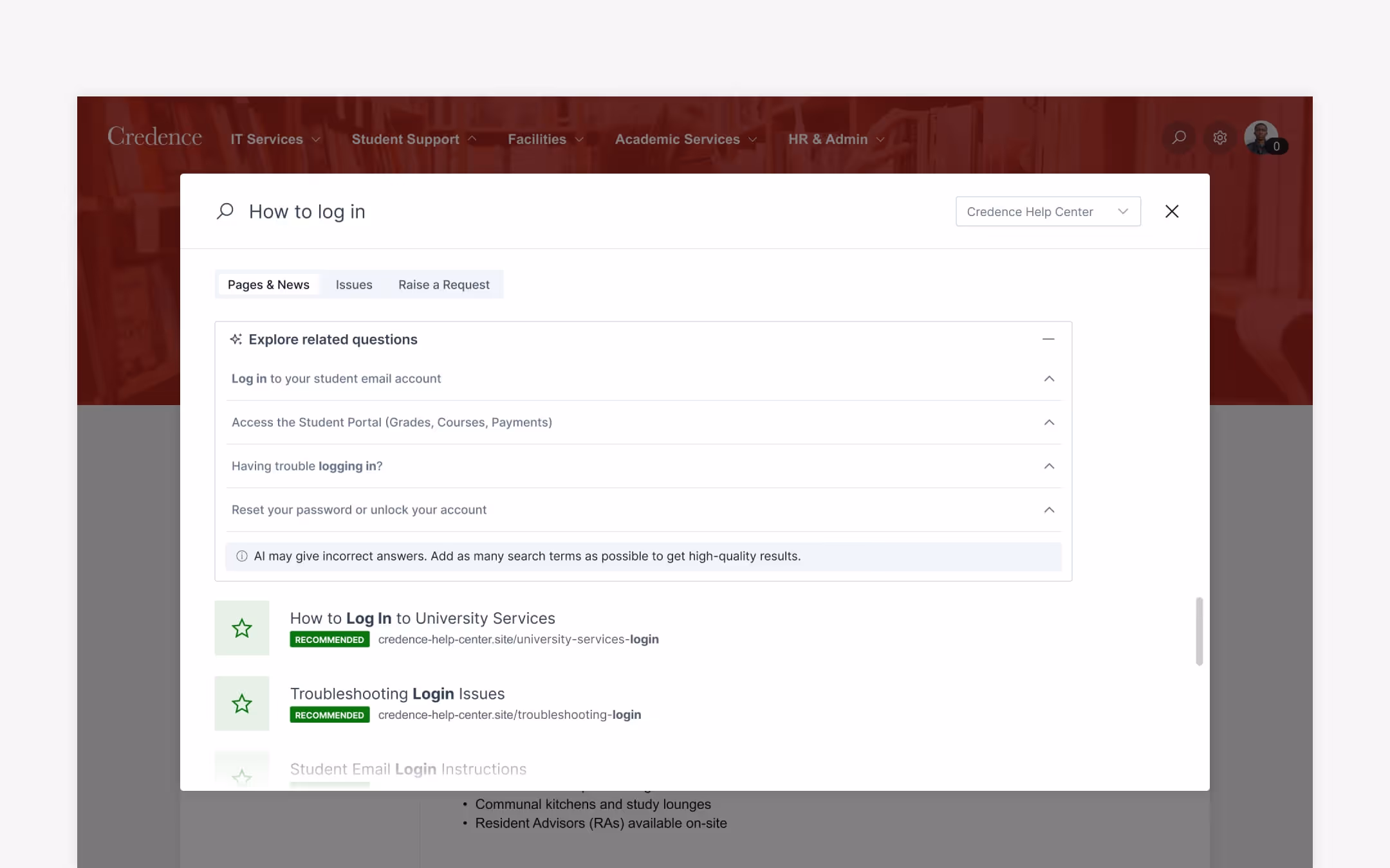 A visual showing a search view on a university help center built with Refined Sites.