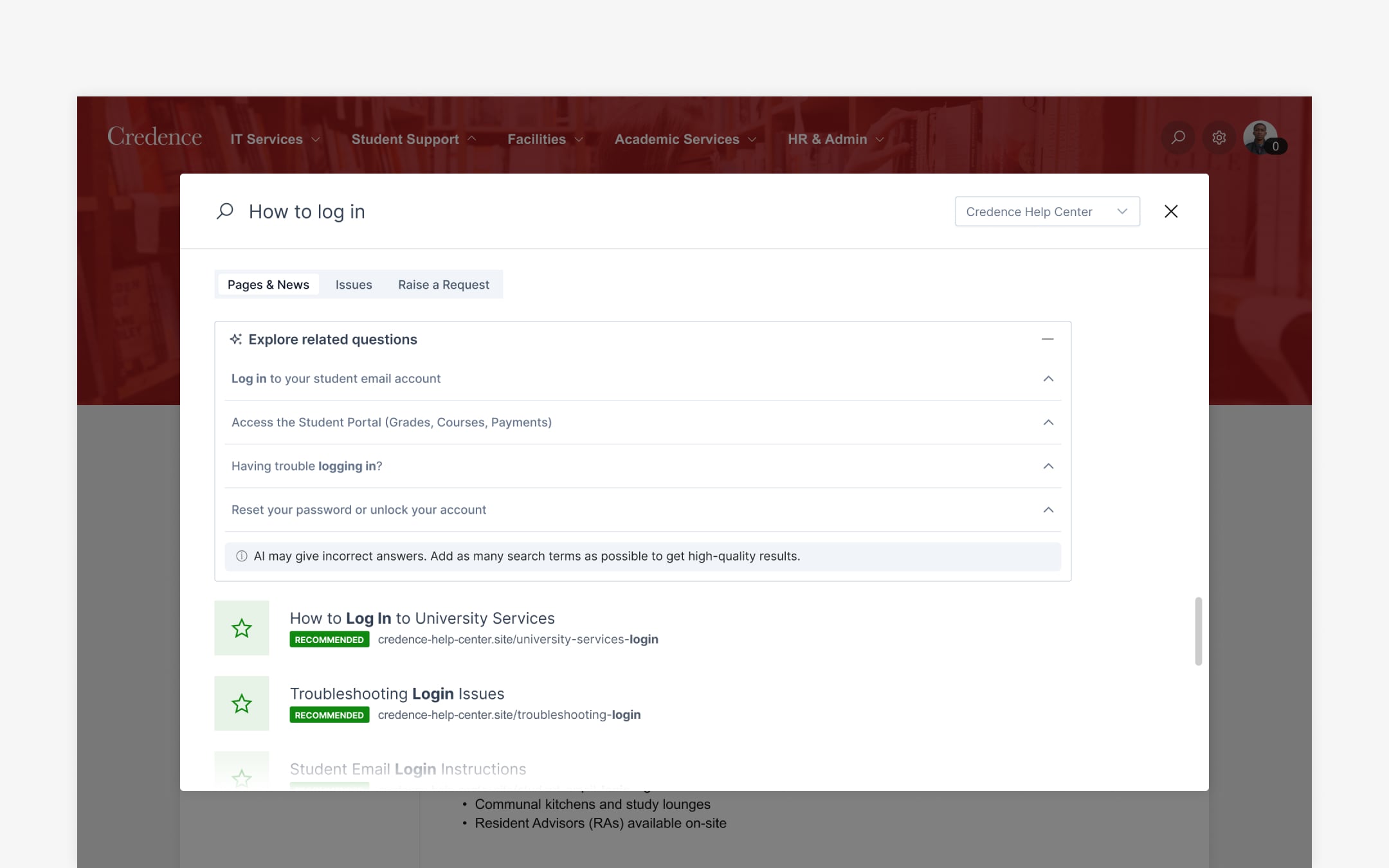 A visual showing a search view on a university help center built with Refined Sites.