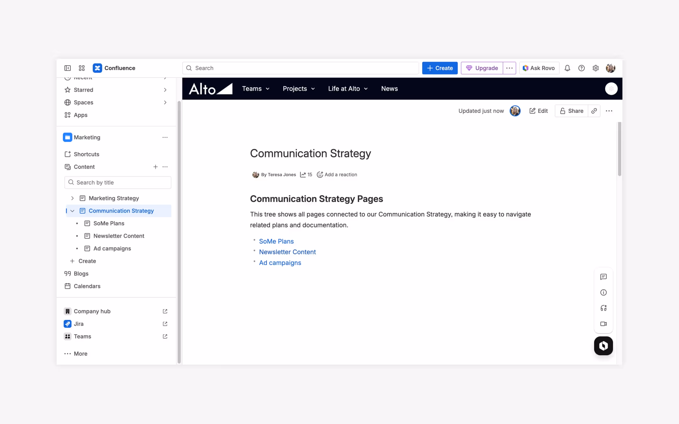A native Confluence page showing the content tree macro.