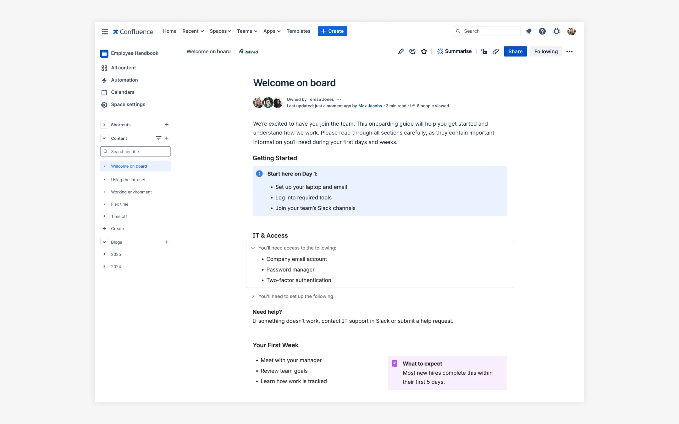 A native Confluence screen showing a page optimized for readability with macros.