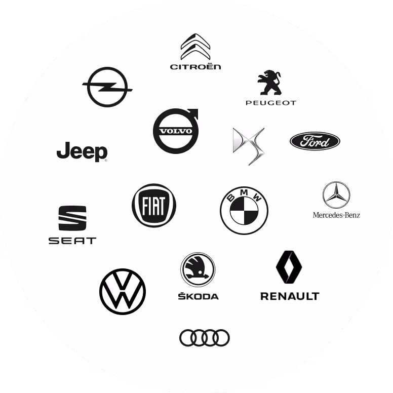 Logos: Renault,Audi,Skoda,VW,Seat,Fiat, BMW, Mercedes-Benz, Ford, DS, Volvo, Jeep, Peugeot, Opel, Citroen