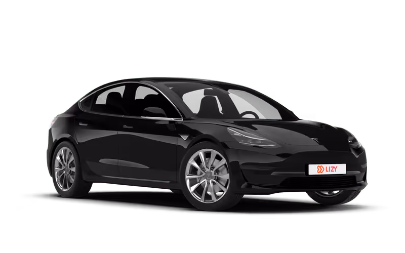 Black Tesla Model 3 electric sedan viewed from front-left angle.