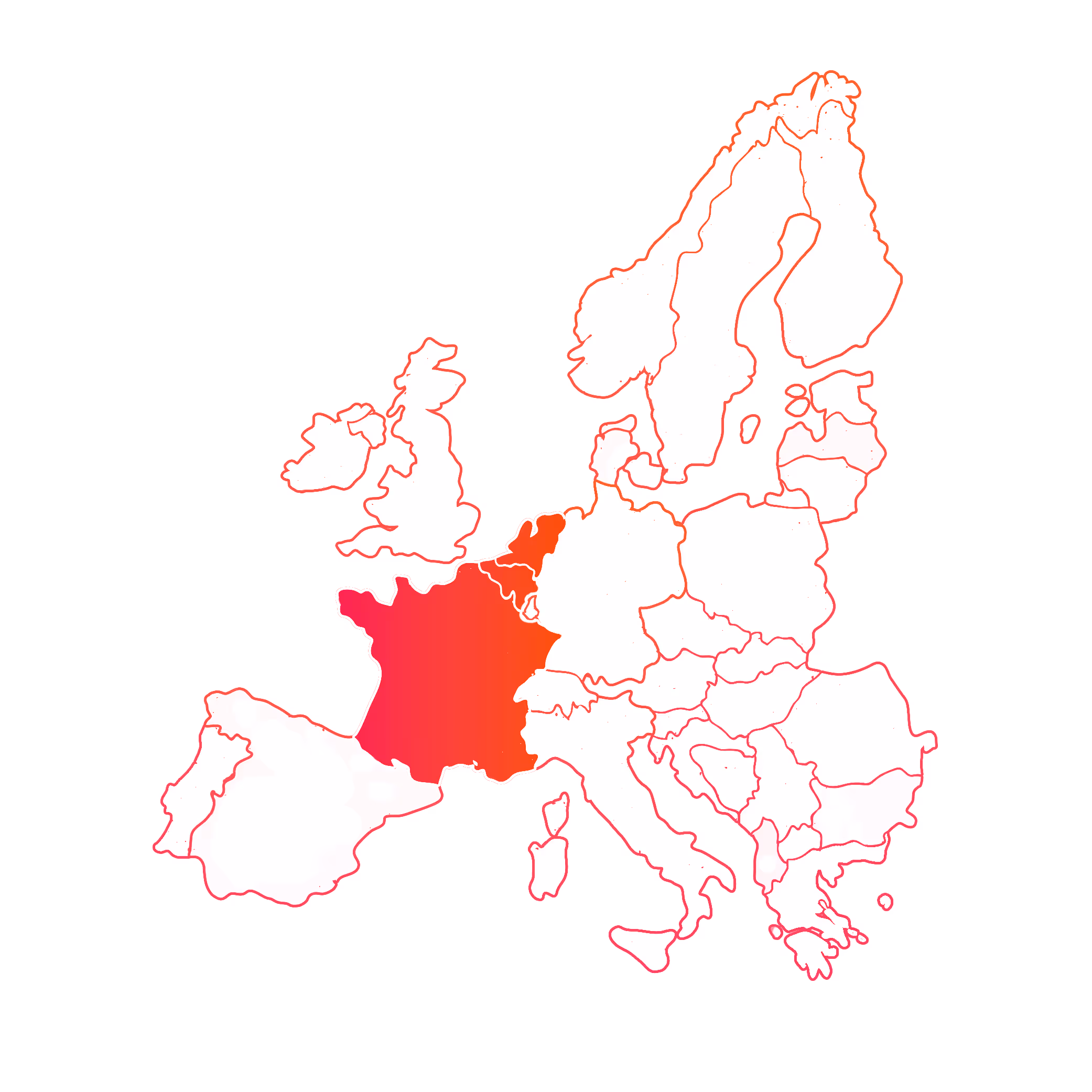 Map of Europe with France and Belgium highlighted in red and orange gradient.