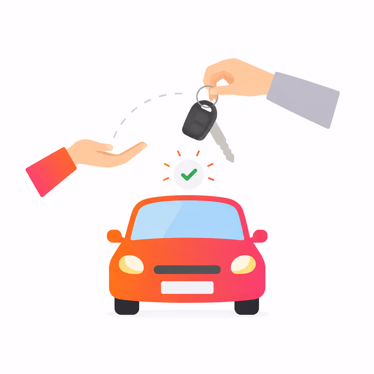 Car key being handed over between two hands above a red car with a green checkmark symbol.