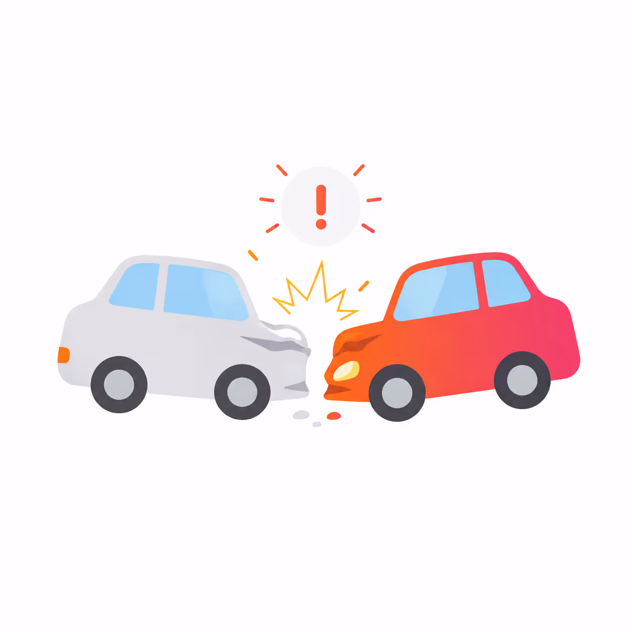 Illustration of a red car and a gray car colliding front-to-front with an exclamation mark above them.
