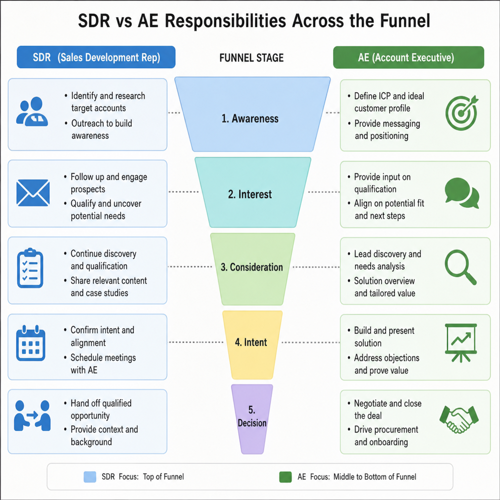 Diagram comparing SDR vs AE responsibilities across the funnel